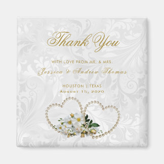 Pearl Hearts & Flowers Damask Wedding Thank You Magnet