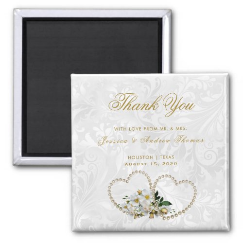 Pearl Hearts  Flowers Damask Wedding Thank You Magnet