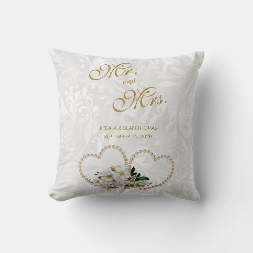 Pearl Hearts  Flowers Damask Wedding Throw Pillow