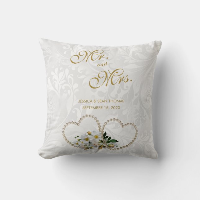 Pearl Hearts & Flowers Damask Wedding Throw Pillow (Front)