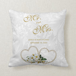 Pearl Hearts &amp; Flowers Damask Wedding Throw Pillow