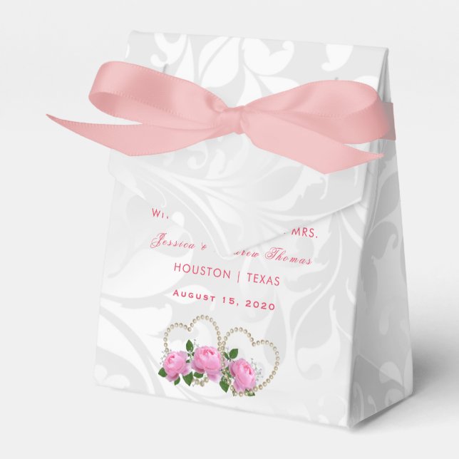 Pearl Hearts & Roses Damask Wedding Favor Boxes (Front Side)