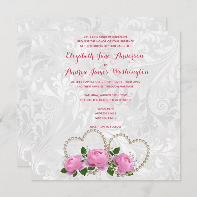 Pearl Hearts & Roses Damask Wedding Invitation (Front/Back)
