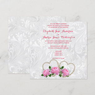 Pearl Hearts & Roses Damask Wedding Invitation