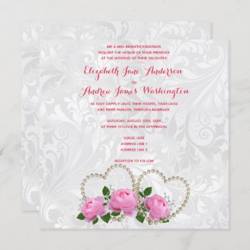 Pearl Hearts & Roses Damask Wedding Invitation by Sarah_Designs at Zazzle