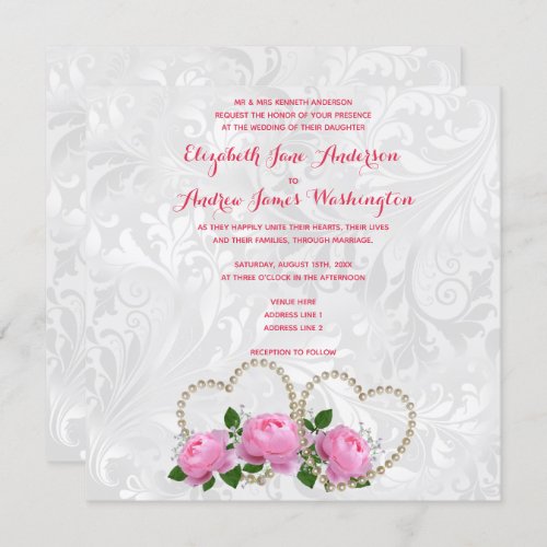 Pearl Hearts  Roses Damask Wedding Invitation