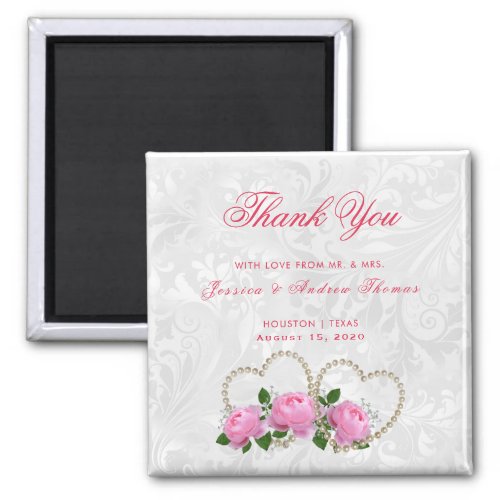 Pearl Hearts  Roses Damask Wedding Thank You Magnet