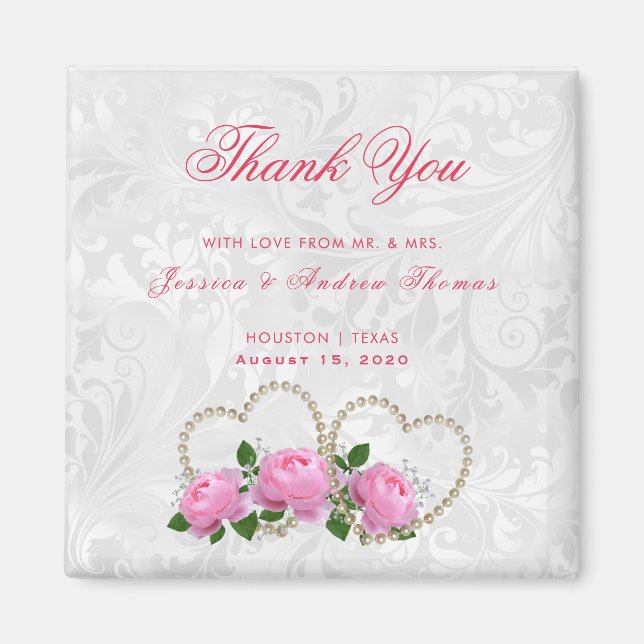 Pearl Hearts & Roses Damask Wedding Thank You Magnet (Front)