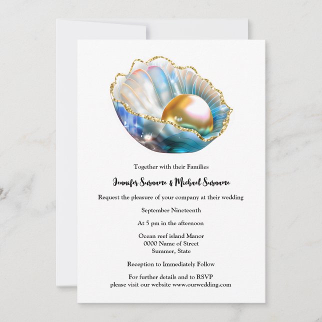 Pearl in oyster shell iridescent shimmer beach invitation (Front)
