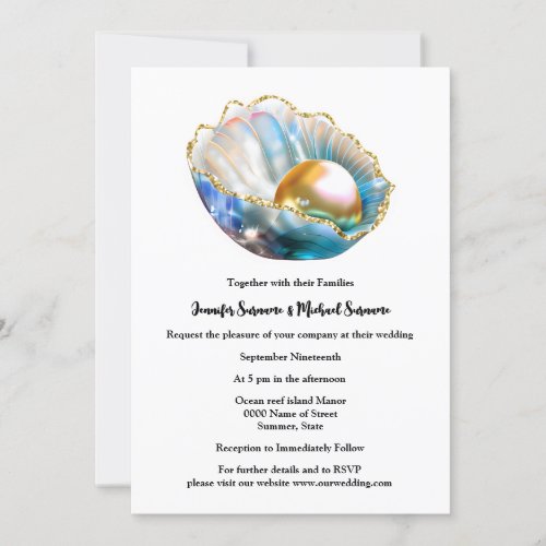 Pearl in oyster shell iridescent shimmer beach invitation