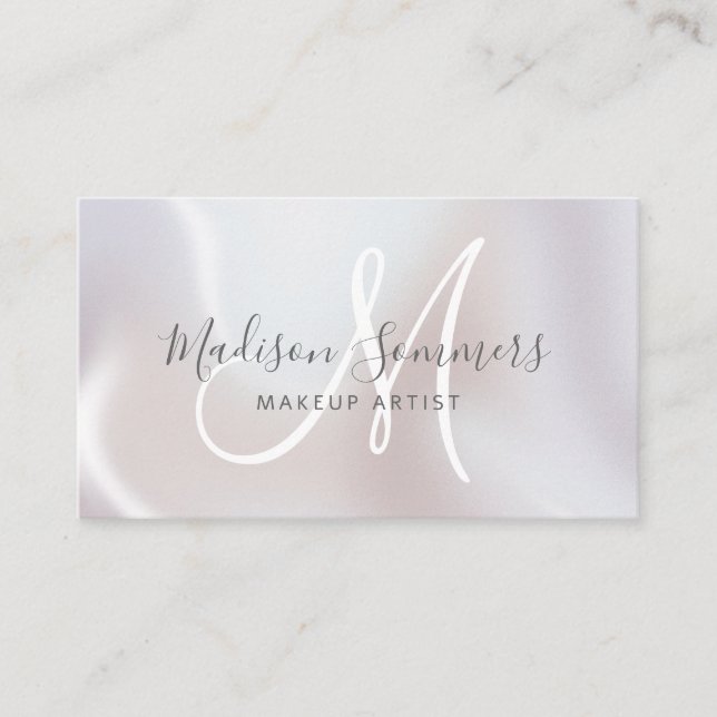 Pearl Iridescent Monogram Makeup Artist  Business Card (Front)