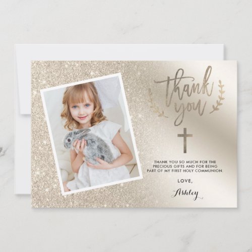 pearl ivory glitter ombre first communion photo thank you card