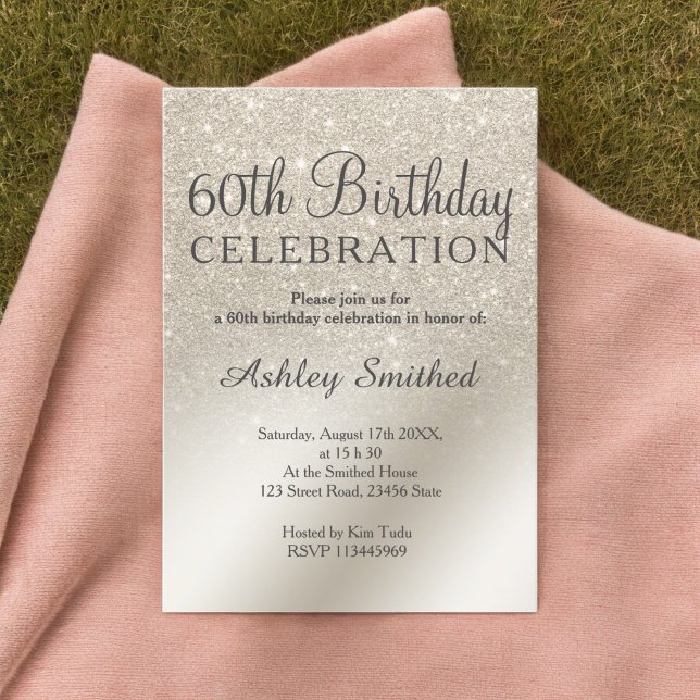 pearl ivory  glitter ombre metallic 60th birthday invitation (pearl ivory glitter ombre metallic 60th birthday invitation)