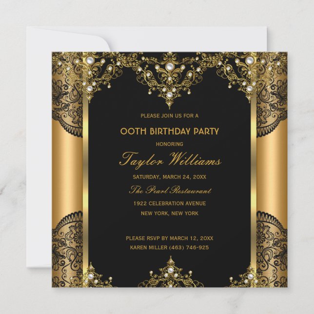 Pearl Lace Gold Black Glamour Birthday Party 2 Invitation (Front)