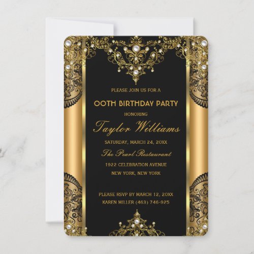 Pearl Lace Gold Black Glamour Birthday Party 2 Invitation