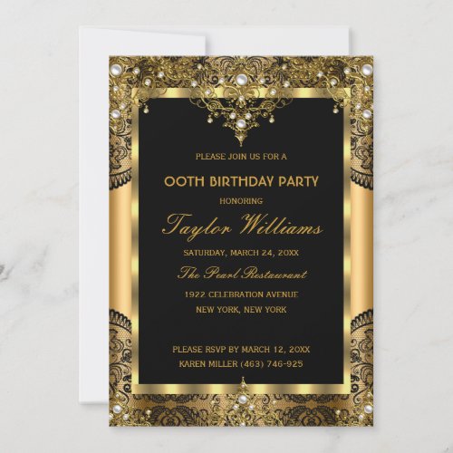 Pearl Lace Gold Black Glamour Birthday Party Invitation
