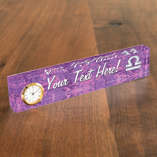 Pearl Libra Zodiac Sign on Fuchsia Digital Camo Desk Name Plate (Side)