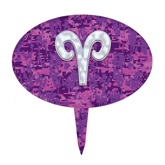 Pearl Like Aries Symbol on Pink Digital Camo Cake Topper (Front)