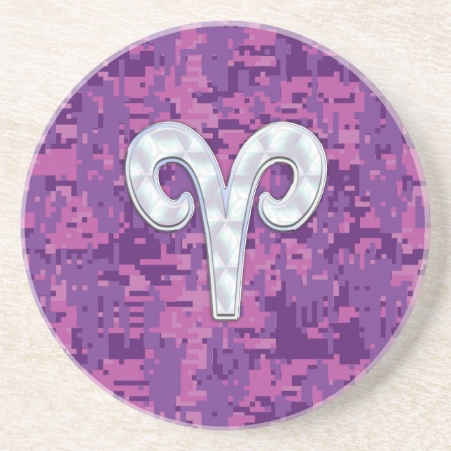 Pearl Like Aries Symbol on Pink Digital Camo Coaster (Front)