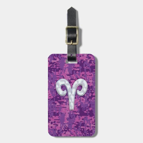 Pearl Like Aries Symbol on Pink Digital Camo Luggage Tag