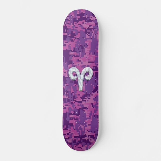 Pearl Like Aries Symbol on Pink Digital Camo Skateboard Deck (Front)