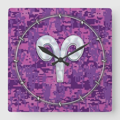 Pearl Like Aries Symbol on Pink Digital Camo Square Wall Clock