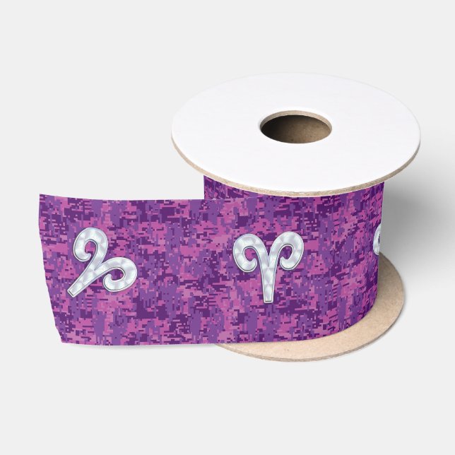 Pearl Like Aries Zodiac Sign Pink Camouflage Satin Ribbon (Spool)
