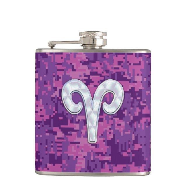 Pearl Like Aries Zodiac Symbol Digital Camouflage Flask (Front)