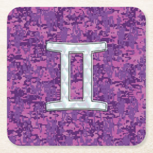 Pearl Like Gemini Zodiac Sign on Digital Camo Square Paper Coaster