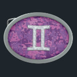 Pearl Like Gemini Zodiac Symbol Digital Camouflage Belt Buckle<br><div class="desc">A mother of pearl like Gemini zodiac symbol on digital camouflage vibrant pink purple fuchsia background. A modern urban girly style design for a great custom birthday gift idea for her. Use the "Ask this Designer" link to contact us with your special design requests or for some assistance with your...</div>