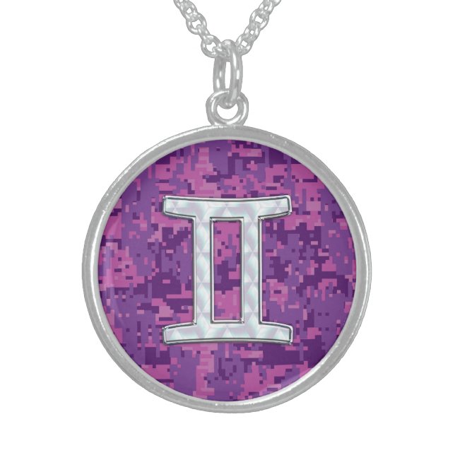 Pearl Like Gemini Zodiac Symbol Digital Camouflage Sterling Silver Necklace (Front)