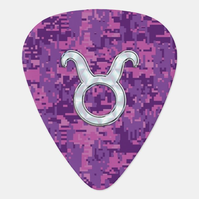 Pearl Like Taurus Zodiac Sign Fuchsia Digital Camo Guitar Pick (Front)