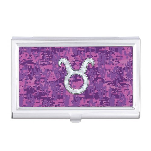 Pearl Like Taurus Zodiac Sign on Pink Digital Camo Business Card Holder