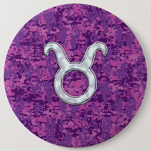 Pearl Like Taurus Zodiac Sign on Pink Digital Camo Button (Front)
