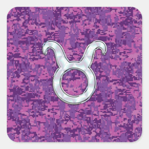 Pearl Like Taurus Zodiac Sign on Pink Digital Camo Square Sticker