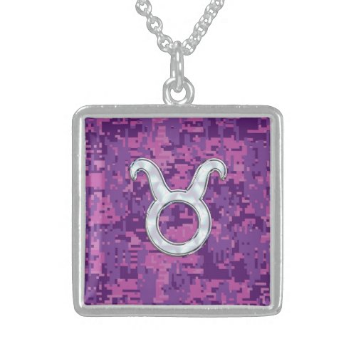 Pearl Like Taurus Zodiac Symbol on Digital Camo Sterling Silver Necklace