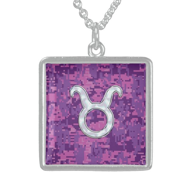 Pearl Like Taurus Zodiac Symbol on Digital Camo Sterling Silver Necklace (Front)