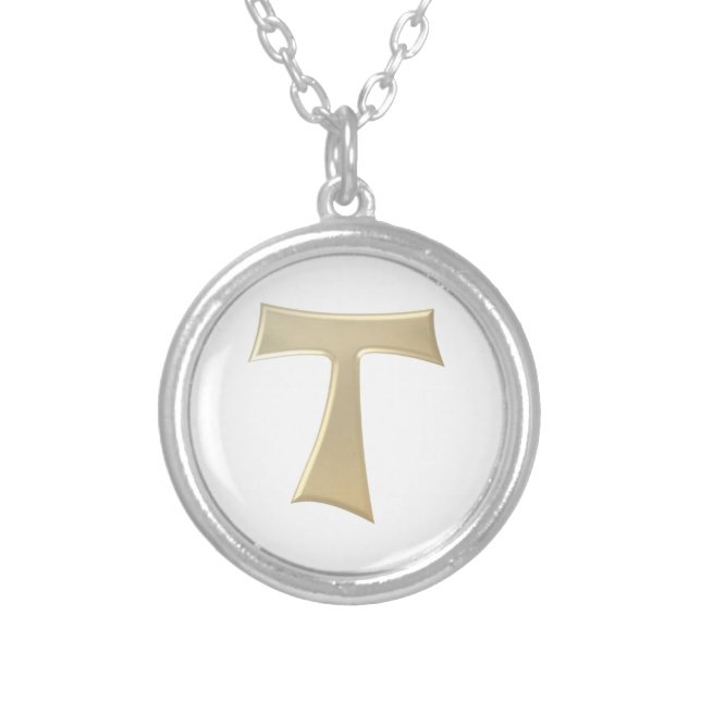 Pearl Look Franciscan Tau Cross Silver Plated Necklace (Front)