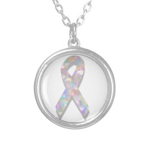 pearl lung cancer ribbon silver plated necklace