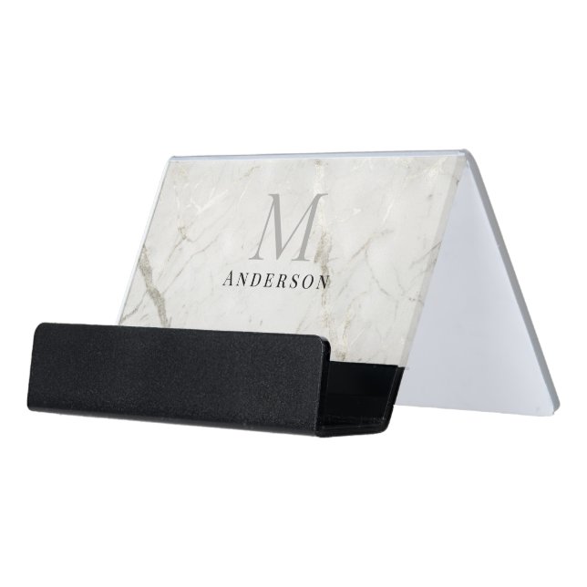 pearl marble masculine double monogram desk business card holder (Angled Front)