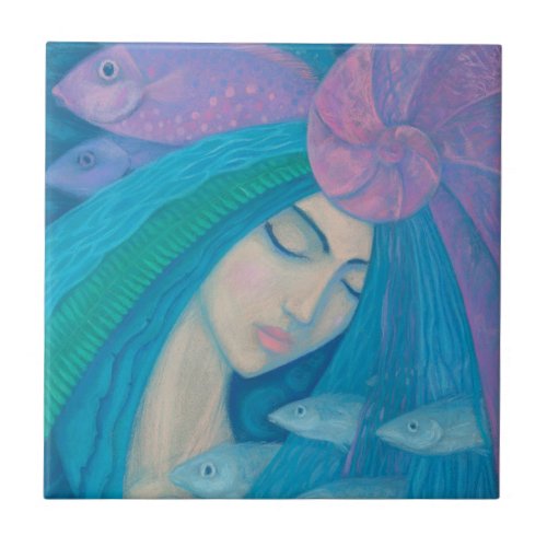 Pearl Mermaid Princess Fish Underwater Fantasy Art Ceramic Tile