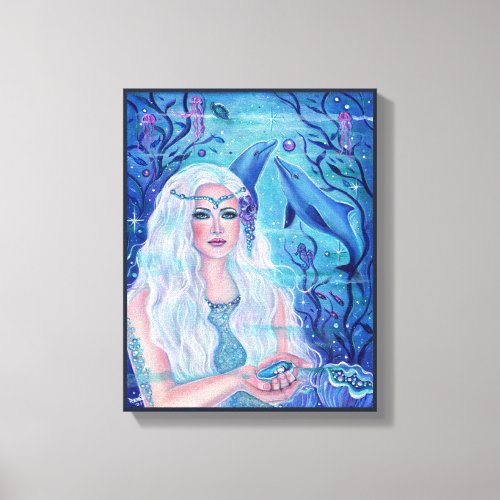 Pearl mermaid with dolphins by Renee L Lavoie Canvas Print