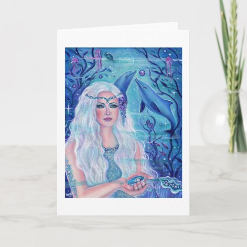 Pearl mermaid with dolphins by Renee L Lavoie Card