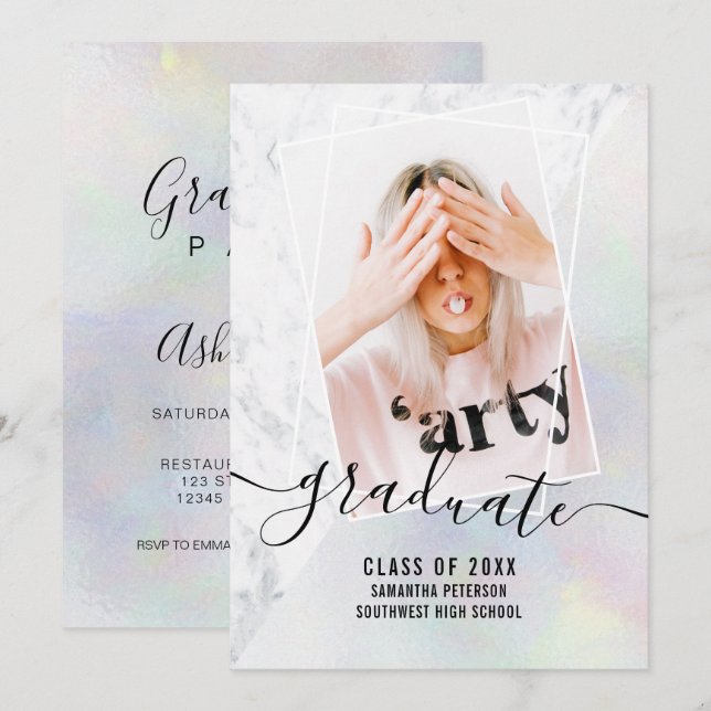 Pearl nacre marble graduate photo block graduation invitation (Front/Back)