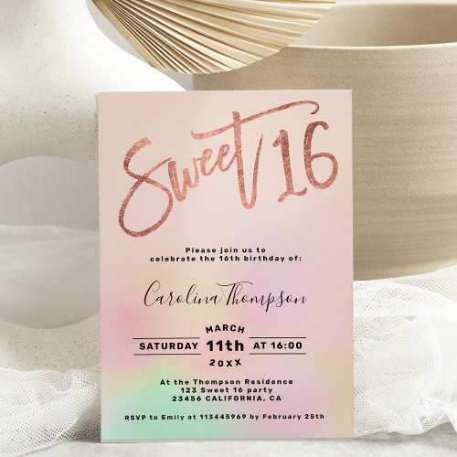 Pearl ombre rainbow script blush Sweet 16 photo Invitation