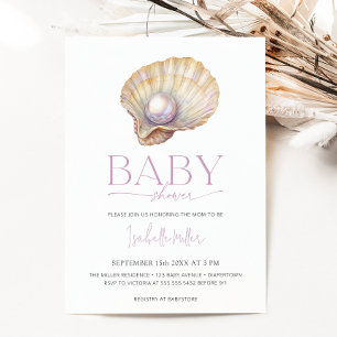 Pearl Oyster Sea Ocean Beach Girl Baby Shower Invitation