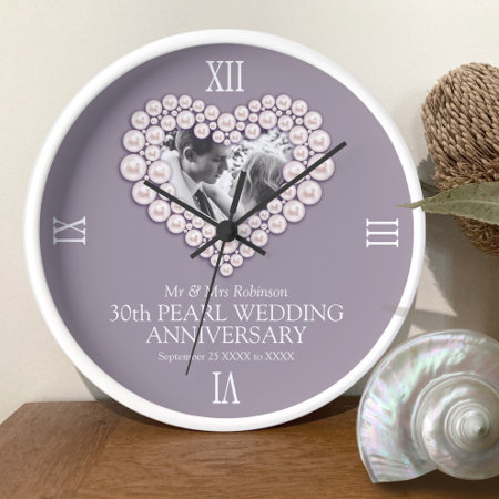 Pearl Photo Heart 30th Wedding Anniversary Custom  Clock