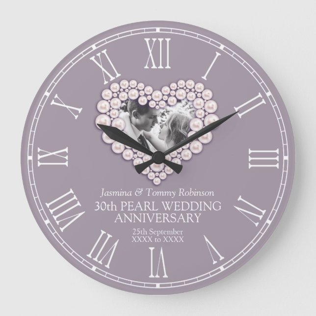 Pearl photo heart 30th wedding anniversary custom large clock (Front)