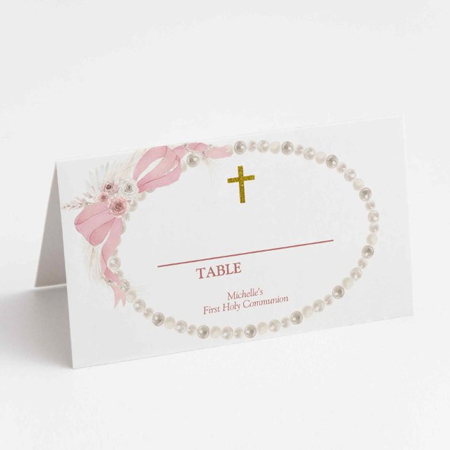 Pearl Pink Boho First Holy Communion Table Number Place Card (Creator Uploaded)