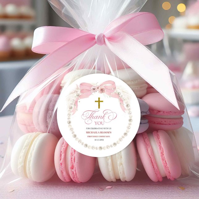 Pearl Pink Boho First Holy Communion Thank You Classic Round Sticker (Creator Uploaded)